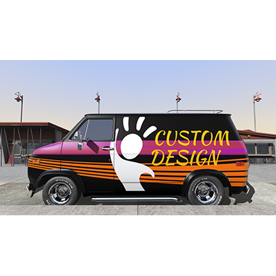 A retro van with your custom design pulls up on a beach front promenade.