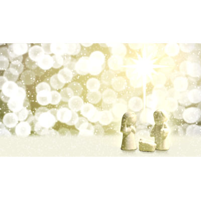 This video background shows Mary and Joseph and baby Jesus figurines with a bokeh abstract glimmer background