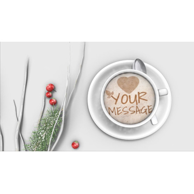 This custom design video shows a coffee cup sitting next to some festive winter elements.  You can customize the coffee design by adding your own text and images using our online customizer.