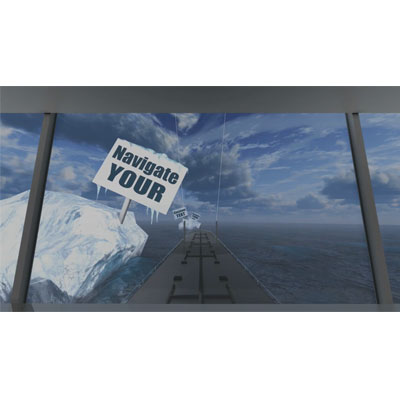 This custom design video shows a ship maneuvering though a dangerous iceberg field.  &lt;br&gt;&lt;br&gt; Add your own text and images to two of the icebergs signs using our online customizer. 
