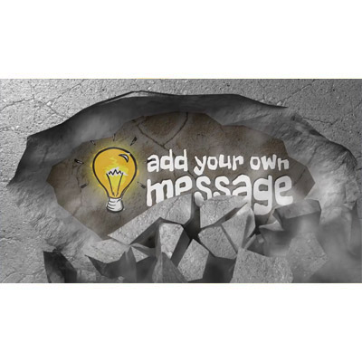 Part of a concrete wall crumbles and falls away to reveal your custom design underneath.