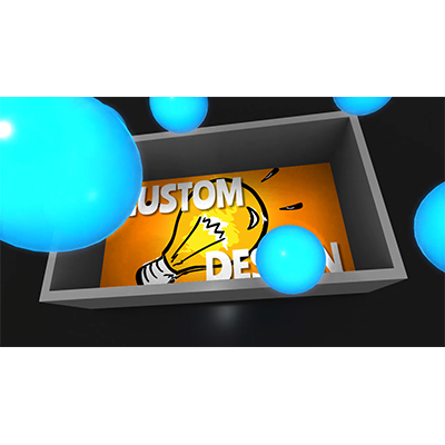 A box of glowing balls reverse and fall back out of a box to reveal your custom design.