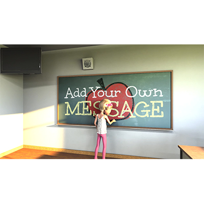 A student draws a chalk design across the schoolroom chalkboard.