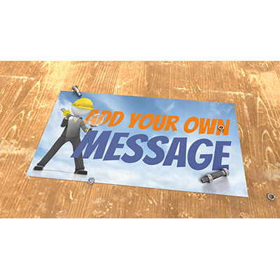 An arm swipes away a pile of nuts and bolts to reveal your custom message.