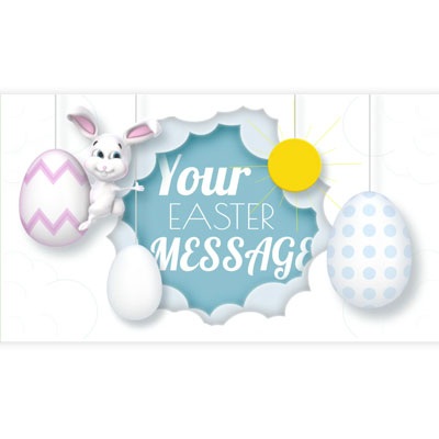 This custom design video shows Easter eggs, a sun falling and a bunny on a egg lowering in on strings as the clouds part to reveal your personal message.