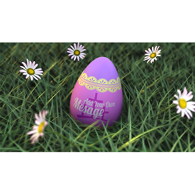 A colorful Easter egg sits on the ground with swaying grass and flowers.