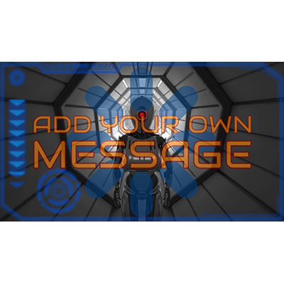 An android wakes up and adjusts a screen with your custom message.