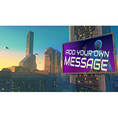 Customize the billboard in this futuristic city with flying cars.