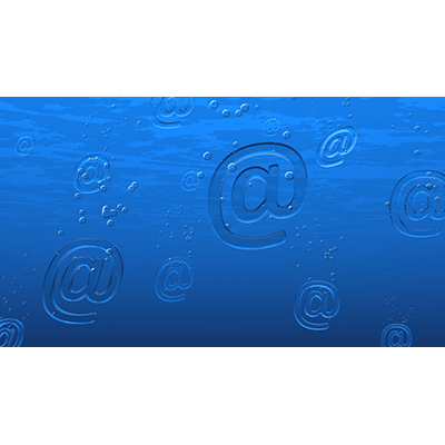 Several &quot;at&quot; symbols float underwater as bubbles rise from them.