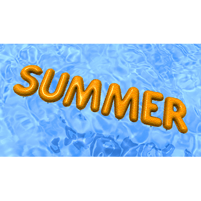 Vinyl inflatable letters that spell &quot;SUMMER&quot; wobble as they float in a pool of clear water.