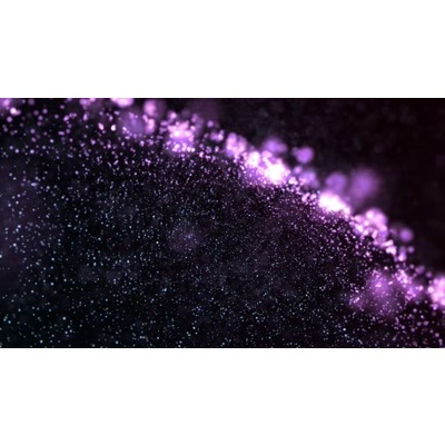 Purple and white particles floating across a black space