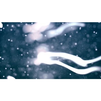 Obscured image on a blue backdrop with falling white particles.