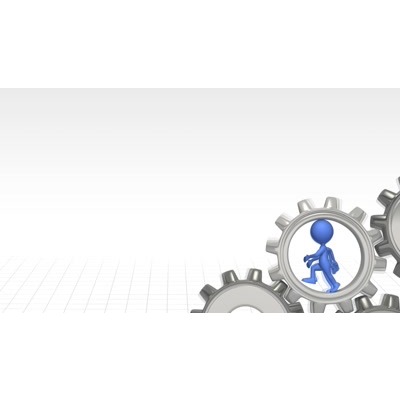 This video shows a figure running inside of a gear while it turns other gears around it.