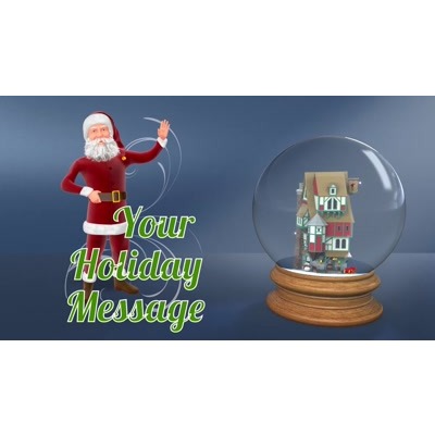 A Christmas building forms from nothing inside a snowglobe as your logo flies off a sign to the left up close.