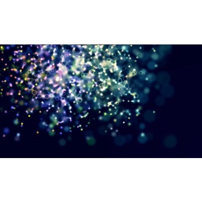 Multicolored cluster of particles appear on a darkened background.