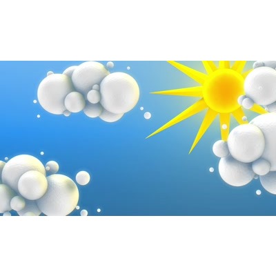 Round toony clouds blow by a radiant sun in a blue sky.