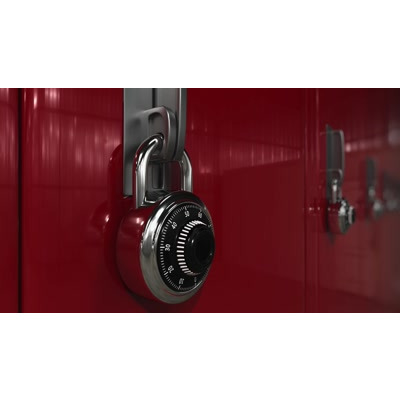 The camera pans by a row of red lockers.