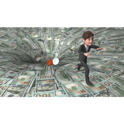 A businessman runs from a money hole.