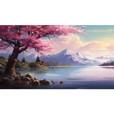 Blossoming Cherry tree video background: serene scene by a lake, clouds over distant snow-covered mountains. Explore cherry tree symbolism
