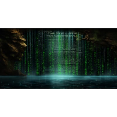 A waterfall running with digital code flows over the entrance to a cave.