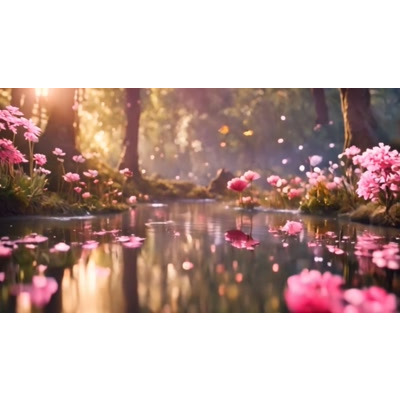 This video background captures the serene beauty of a summer pond surrounded by lush greenery and blooming flowers.