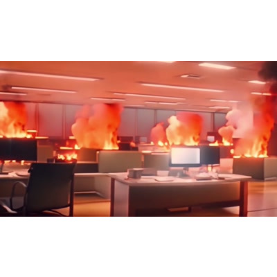 Office Fire Video Background: This video depicts a business office in flames, offering a visual element for various presentations and creative content.