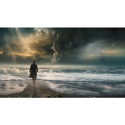 Walking Into the Storm Video Background: This motion video depicts an individual calmly facing choppy waters as a distant storm builds.