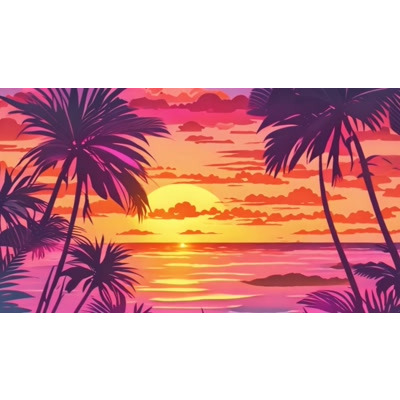 A vibrant mix of pinks, purples, and oranges painting the sky along with silhouettes of palm trees in the retro 80s video background.