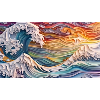 Artistic paper cuts form waves on the ocean and a vibrant sunset in the background. This is a looping video background