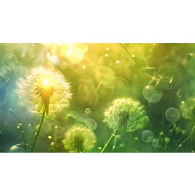 Delicate dandelion seed heads, bathed in a soft glow are swaying gently against a backdrop of greenery in this looping video background.
