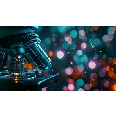 Download this microscope motion video with bokeh circles floating and incorporating as a background in presentation / media designs.