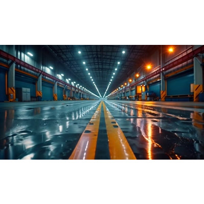 Download this video background slowing moving through a loading dock with a wet floor.  Use as a backdrop for presentation  and motion designs.
