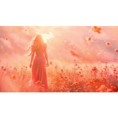 Download this video background of a woman&#039;s sunset silhouette standing in an open field of flowers.  Great for presentation slides and motion designs.