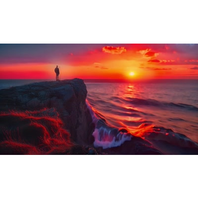 This video shows a silhouette figure standing on a ocean cliffs edge watching the sunset as waves crash below on the rocks.