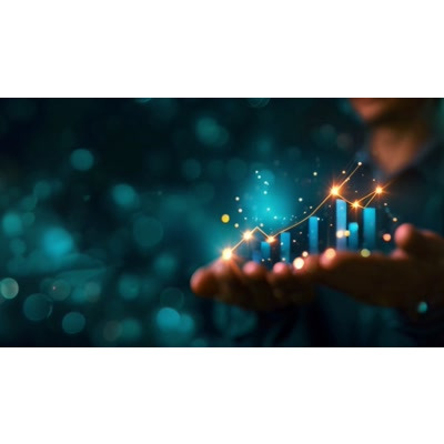 Download this motion video background of hands holding a bar graph as light orbs move upwards.