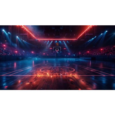 Download this video background of a basketball stadium with light shinning on the court.