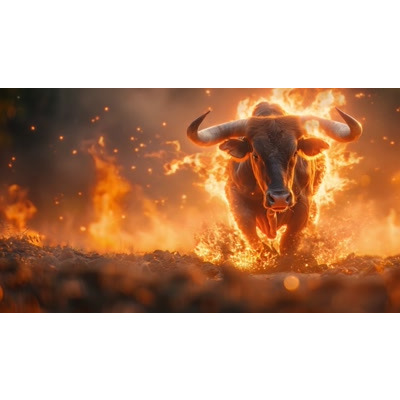 Download this video background of a hot bull on fire charging to represent a bull market, strength and power.
