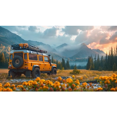 Download this scene of anticipation and exploration, with a jeep symbolizing adventure and mountains representing challenges to conquer.