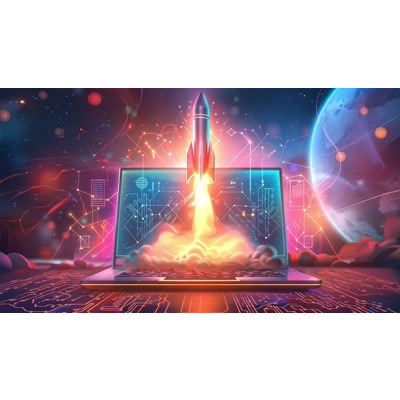 Download this rocket laptop video background, symbolizing innovation, breaking barriers, and the launch of new ideas in the digital world.