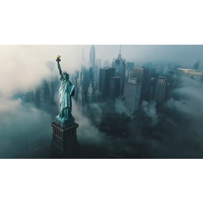 Download this video of the Statue of Liberty emerging from fog, symbolizing hope and resilience in uncertain times.