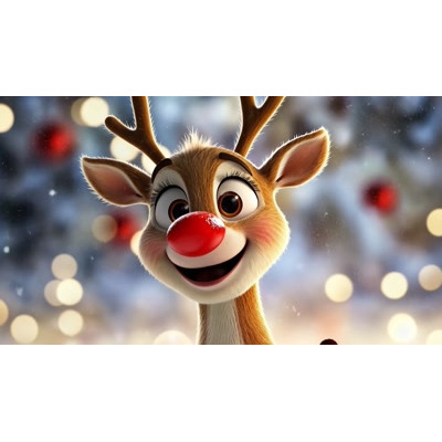Download this delightful video of Rudolph the Red-Nosed Reindeer happily chatting with a backdrop of festive lights.