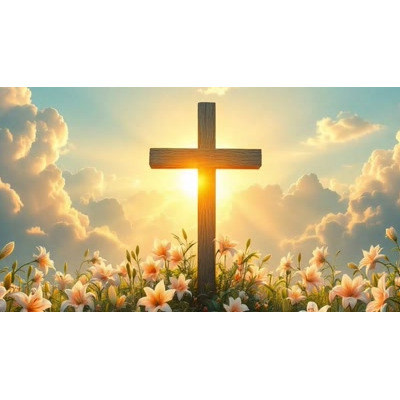 Looping video background of a wooden cross at sunrise with lilies—ideal for Easter, worship, faith-based slides, and spiritual presentations.