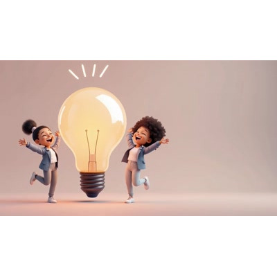 This video showcases animated children celebrating a great idea with a glowing light bulb.