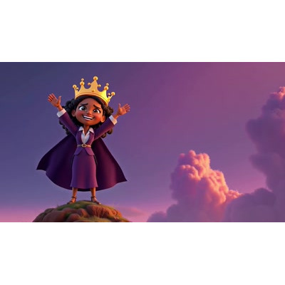 This video features an animated queen celebrating her triumph atop a hill against a vibrant sky.