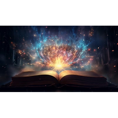 A magical book emits swirling cosmic light and galaxies. Ideal for fantasy, storytelling, and educational presentations. 10-second looped video background.
