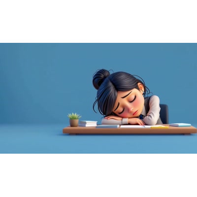 Download this peaceful MP4 video of a woman resting at her desk. Ideal for workplace wellness and mental health presentations.