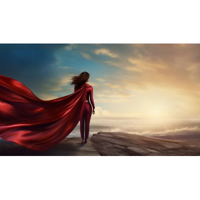 A businesswoman in a superhero pose, symbolizing strength and ambition against a vibrant ocean backdrop.
