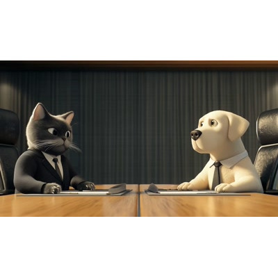 This animated video background features a humorous business cat and dog discussing at a conference table, perfect for engaging presentations.