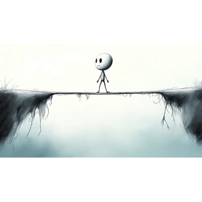 This thought-provoking video background captures a scared stick figure on a narrow bridge, symbolizing the fear of facing uncertainties.