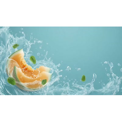 Download this refreshing video background featuring a splashing cantaloupe slice, perfect for summer-themed presentations.